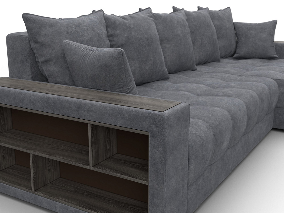 Диван угловой с декором и полкой Лига-050 НПБ (brut 16 темно-серый)